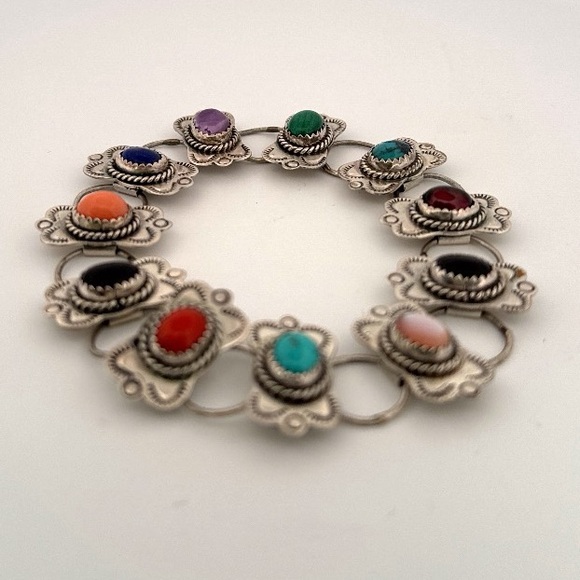 Vintage Signed Navajo Sterling Silver Jeweled Cuff Bracelet RMJ - Picture 2 of 9